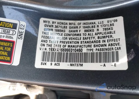 2009 Honda Civic Lx-S z USA, uszkodzony, nr VIN 19XFA16699E010460